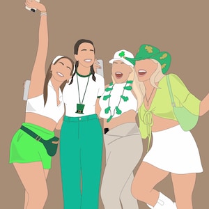 Pu&ograve; includere: Illustrazione di quattro persone in abbigliamento festivo. Una persona indossa un marsupio e pantaloncini verdi, un'altra indossa pantaloni verdi e le altre due indossano cappelli verdi. Lo sfondo &egrave; di colore marrone.