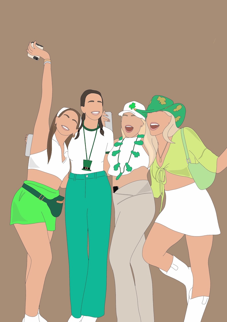 Pu&ograve; includere: Illustrazione di quattro persone in abbigliamento festivo. Una persona indossa un marsupio e pantaloncini verdi, un'altra indossa pantaloni verdi e le altre due indossano cappelli verdi. Lo sfondo &egrave; di colore marrone.