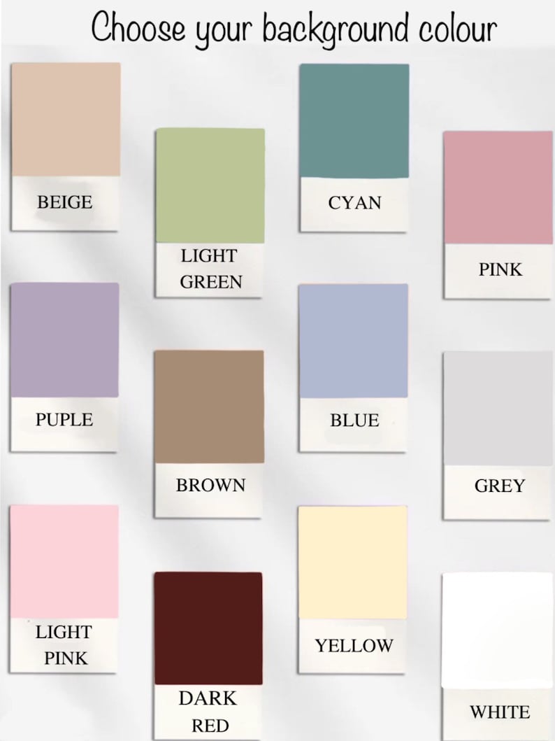 Pu&ograve; includere: Immagine con una selezione di opzioni di colore di sfondo. I colori includono beige, verde chiaro, ciano, rosa, viola, marrone, blu, grigio, rosa chiaro, rosso scuro, giallo e bianco. Ogni colore &egrave; visualizzato su una piccola scheda rettangolare con il nome del colore sotto.