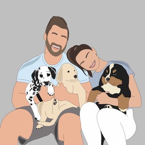 Pu&ograve; includere: Illustrazione di una coppia sorridente che tiene in braccio tre cuccioli: un dalmata, un golden retriever e un bovaro del Bernese. La coppia indossa camicie e pantaloncini azzurri. Lo sfondo &egrave; di colore grigio.