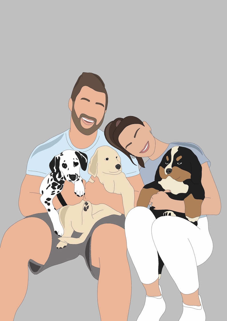 Pu&ograve; includere: Illustrazione di una coppia sorridente che tiene in braccio tre cuccioli: un dalmata, un golden retriever e un bovaro del Bernese. La coppia indossa camicie e pantaloncini azzurri. Lo sfondo &egrave; di colore grigio.