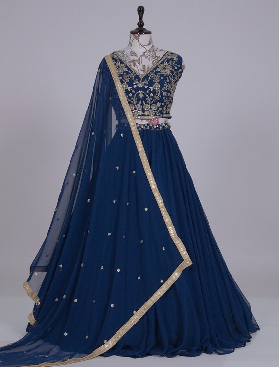 Designer Navy Blue Lehenga Choli With Sequence Embroidery Work