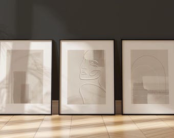 Set of 3 Neutral Abstract Line Art Wall Prints, woman drawing Art, Bedroom Decor