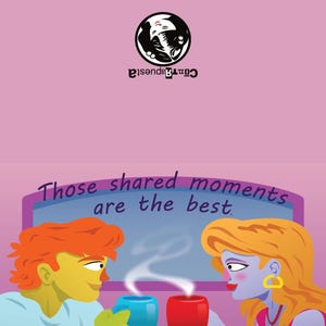 Puede incluir: Ilustración de dos personas compartiendo café, con el texto "Those shared moments are the best." La imagen presenta un logotipo con un diseño en blanco y negro. La paleta de colores incluye rosa, azul, rojo y amarillo.