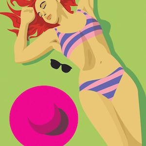 Könnte beinhalten: Illustration einer Person mit roten Haaren, die einen gestreiften Bikini trägt und auf einer grünen Oberfläche liegt. Eine schwarze Sonnenbrille liegt neben der Person. Ein rosa Kreis mit einer Halbmondform befindet sich ebenfalls im Bild. Die Person sonnt sich.
