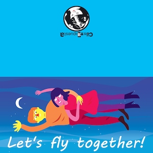 Puede incluir: Ilustración digital con fondo azul que muestra dos figuras volando sobre una ciudad de noche. Se muestra el texto "Let's fly together!". Un logotipo con un diseño en blanco y negro está en la parte superior.