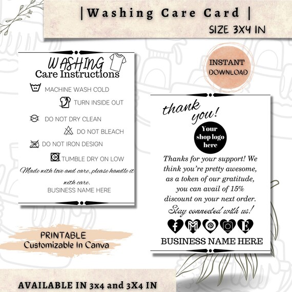 Editable Washing Instructions Template Printable Insert Card - Etsy