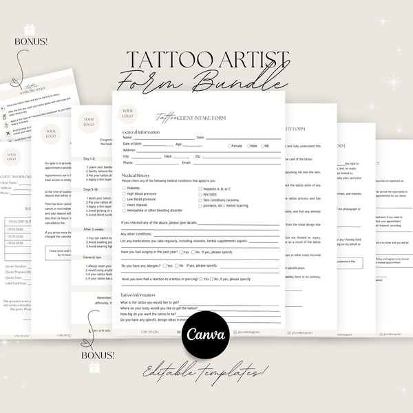 Paquete de formularios para artistas del tatuaje: ¡editables!, Formulario de consentimiento para tatuajes, Formulario de admisión para tatuajes, Formularios comerciales para artistas del tatuaje, Documento de consentimiento para tatuajes.