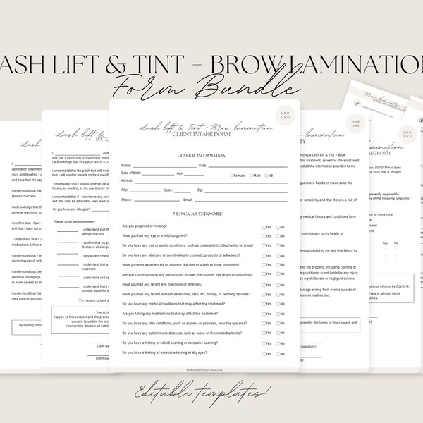 Editable Brow Lamination + Lash Lift + Tint Form, Intake and Client Consent, Editable/Printable Salon,CANVA Templates, Spa Business Forms