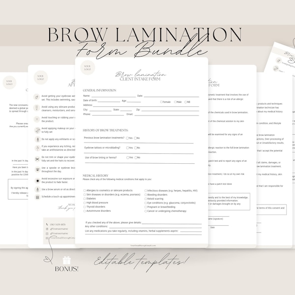 Brow Lamination Forms  - Editable templates. Esthetician forms, eyebrow Intake form, Esthetician template, Brow lamination form.