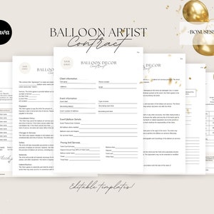 Puede incluir: Un conjunto de plantillas de papel blanco para un contrato de artista de globos, con el texto "BALLOON ARTIST Contract" y "BALLOON DECOR". La imagen incluye globos dorados y la palabra "BONUSES!" en la esquina. El logotipo de Canva es visible.