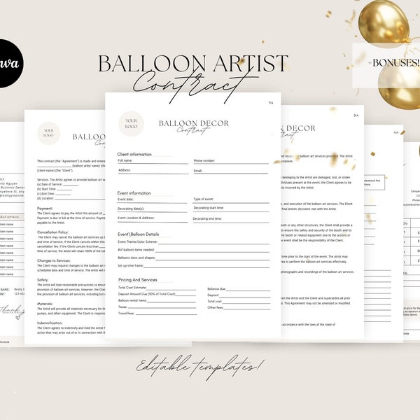 Modèle de contrat d'artiste de ballons, contrat de styliste de ballons, contrat de décoration de ballons, contrat d'artiste de ballons, contrat de ballons, CANVA.