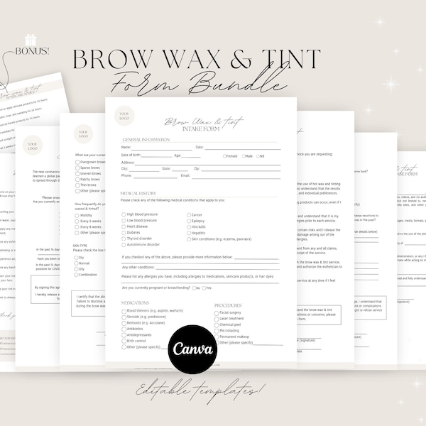 Brow Wax & Tint Klantformulierenbundel - Bewerkbare sjablonen, Schoonheidsspecialiste Wax-formulier, Wenkbrauw Wax en Tint, Klantconsultatie, Schoonheidsspecialiste-formulier
