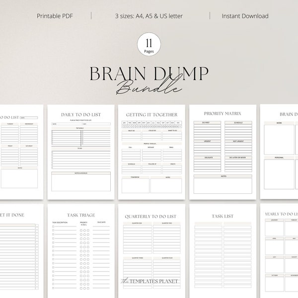 Brain Dump, ADHD Daily Planner, Productivity, Priority Matrix, Thoughts Organizer, To Do List, ADHD Brain Dump, Journal Printable, PDF