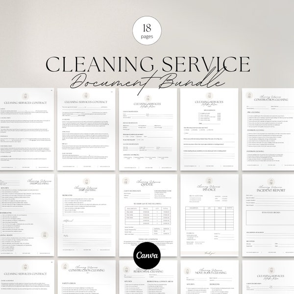 Reinigungs-Business-Forms-Bundle, bearbeitbarer Reinigungsvertrag, Reinigungs-Checkliste, kommerzieller Reinigungsvorschlag, Reinigungsservice, Aufnahmeformular