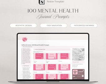 Notion sjabloon voor een dagboek over geestelijke gezondheid: 100 schrijfopdrachten (Notion sjabloon, Notion dashboard, Notion planner)