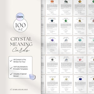 Bewerkbare betekeniskaarten kristal, afdrukbare betekeniskaarten edelstenen, stenen, Reiki Business, chakra, informatiekaarten kristal, spiritualiteit