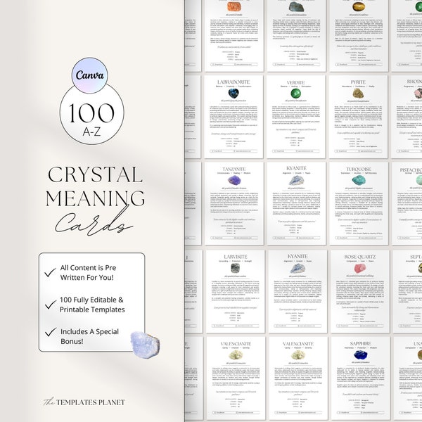 Editable Crystal Meaning Cards, Printable Gemstone Meaning Cards, Stones, Reiki Business, Chakra, Crystal Information Cards, Spirituality