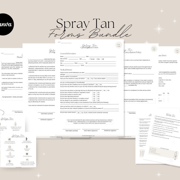 Spray Tan Forms - Editable Spray Tan Templates, Spray Tanning Consultation Form, Spray tan aftercare card, Esthetician Forms.