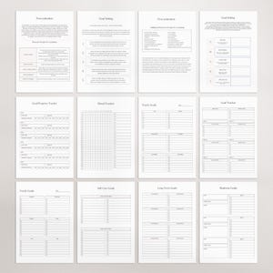 Puede incluir: Una colecci&oacute;n de doce p&aacute;ginas de papel blanco con texto negro y dise&ntilde;os de cuadr&iacute;cula. Las p&aacute;ginas est&aacute;n organizadas en secciones para la definici&oacute;n de objetivos, el seguimiento del estado de &aacute;nimo y el seguimiento del progreso. Ideal para planificar y organizar.