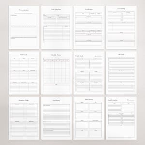 Puede incluir: Un conjunto de p&aacute;ginas de planificador blancas con varios dise&ntilde;os para la definici&oacute;n de objetivos, incluyendo secciones para la procrastinaci&oacute;n, planes de acci&oacute;n, revisiones de objetivos y tableros de visi&oacute;n. Las p&aacute;ginas est&aacute;n dispuestas en una cuadr&iacute;cula.
