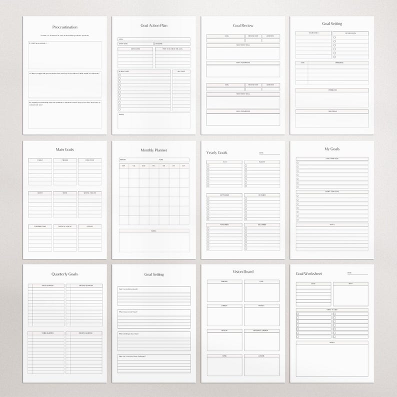 Puede incluir: Un conjunto de p&aacute;ginas de planificador blancas con varios dise&ntilde;os para la definici&oacute;n de objetivos, incluyendo secciones para la procrastinaci&oacute;n, planes de acci&oacute;n, revisiones de objetivos y tableros de visi&oacute;n. Las p&aacute;ginas est&aacute;n dispuestas en una cuadr&iacute;cula.