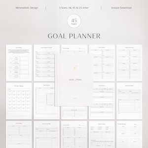 Op de afbeelding: Een zwart-witte printbare doelplanner met 45 pagina's. De planner bevat secties voor doelstelling, voortgangscontrole, jaarlijkse doelen, dagelijkse planning, doelevaluaties en actieplannen. De planner is verkrijgbaar in drie formaten: A4, A5 en US letter.