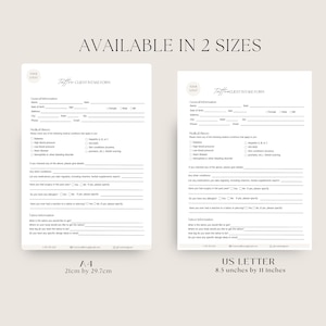 May include: Two tattoo client intake forms, one in A4 size (21cm by 29.7cm) and the other in US Letter size (8.5 inches by 11 inches). Both forms have the same layout and include sections for general information, medical history, tattoo information, and contact details.