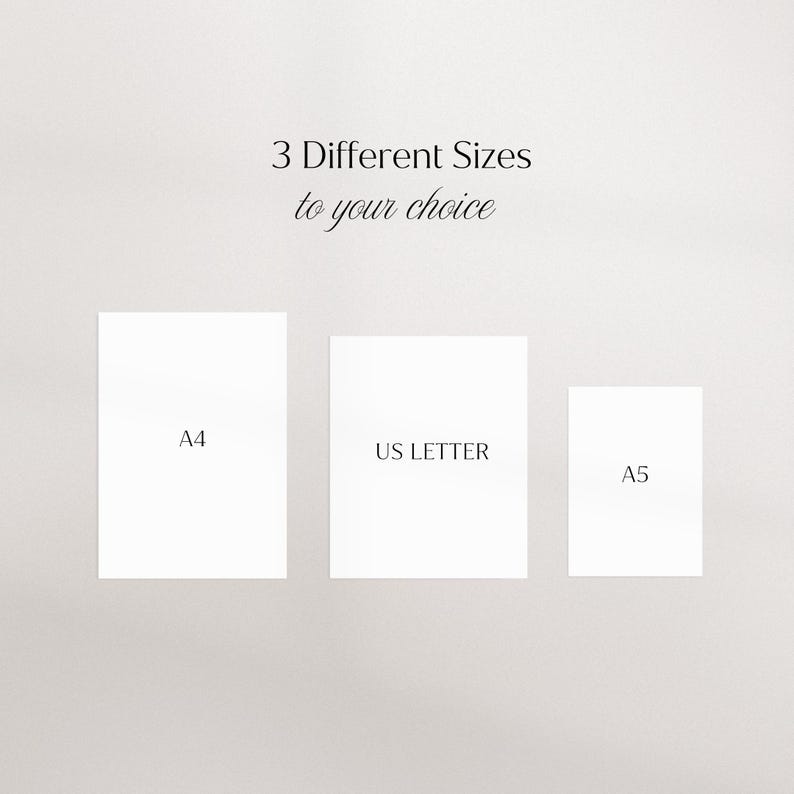 Puede incluir: Tres hojas de papel blancas, etiquetadas A4, US LETTER y A5, se muestran sobre un fondo claro. El texto "3 Different Sizes to your choice" est&aacute; encima de los papeles. La imagen sugiere un producto con opciones de tama&ntilde;o.