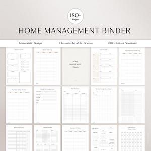 May include: A digital home management binder set featuring 180+ pages in A4, A5, and US letter formats. The collection includes various printable templates such as a cleaning schedule, doctor visit log, budget tracker, and chore chart with black text.