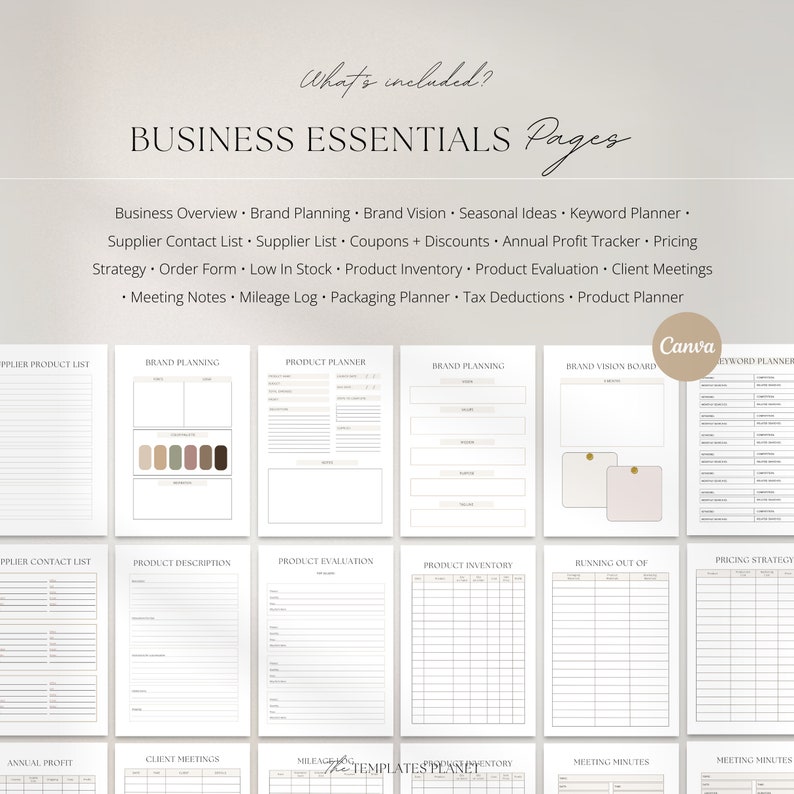 May include: A printable business planner with pages for brand planning, product planning, pricing strategy, client meetings, and more. The pages are designed with a minimalist aesthetic and feature a neutral color palette.