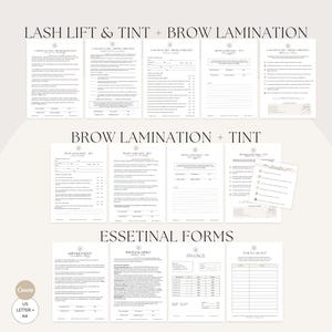 May include: A collection of printable forms for lash lift, brow lamination, and tint services. The forms include appointment sheets, photo and video release forms, invoices, and aftercare instructions. The text "LASH LIFT & TINT + BROW LAMINATION" is at the top.