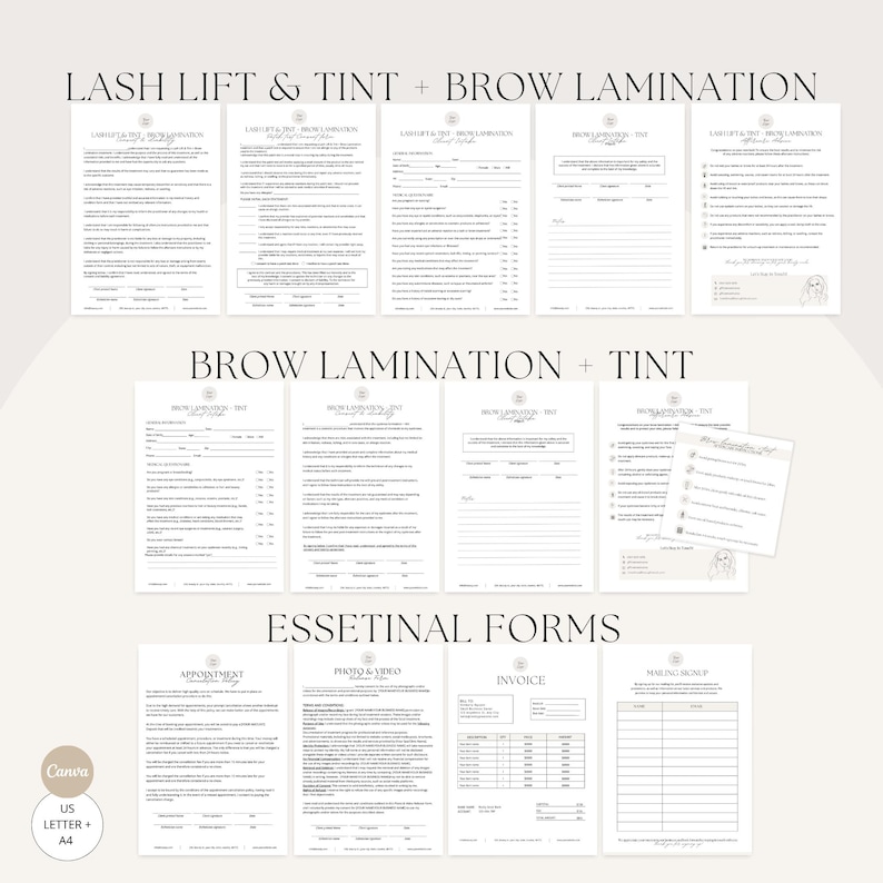 May include: A collection of printable forms for lash lift, brow lamination, and tint services. The forms include appointment sheets, photo and video release forms, invoices, and aftercare instructions. The text "LASH LIFT & TINT + BROW LAMINATION" is at the top.