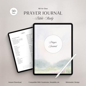 Peut inclure: Un journal de prière et un planificateur d'étude biblique numérique tout-en-un affichés sur deux tablettes avec un stylet. La couverture présente un paysage à l'aquarelle avec le texte Prayer Journal. L'index liste les sections d'étude.