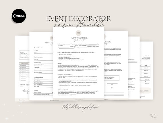 Event Decorating Services Contract Template, Editable Event Planner Contract Template, event planning forms, event decor contract- canva