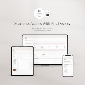 Op de afbeelding: Een digitale planner-interface weergegeven op een laptop, tablet en smartphone. De schermen tonen een studentenplanner met kalender- en taakbeheerfuncties. Tekst bevat "Seamless Access With Any Device" en "My Student Planner."