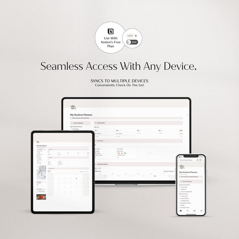 Op de afbeelding: Een digitale planner-interface weergegeven op een laptop, tablet en smartphone. De schermen tonen een studentenplanner met kalender- en taakbeheerfuncties. Tekst bevat "Seamless Access With Any Device" en "My Student Planner."