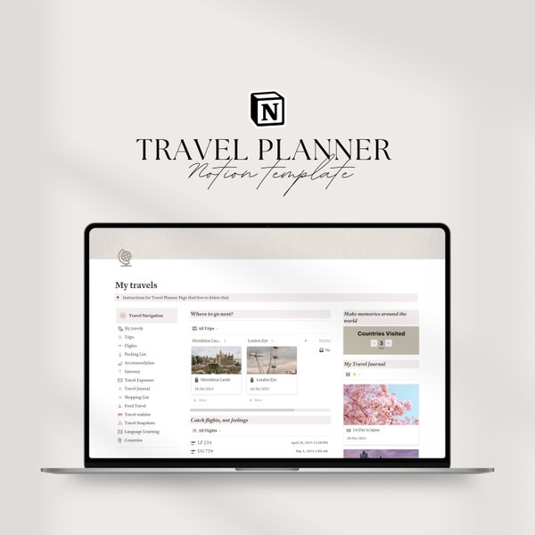 Notion Travel Planner Template, Notion Planner, Travel Journal, Travel Itinerary, Notion template Notion dashboard, Notion life planner.