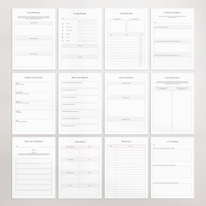 Pu&ograve; includere: Una raccolta di dodici pagine di pianificazione stampabili bianche con vari layout per le routine quotidiane, serali e di definizione degli obiettivi. Ogni pagina presenta un design minimalista.