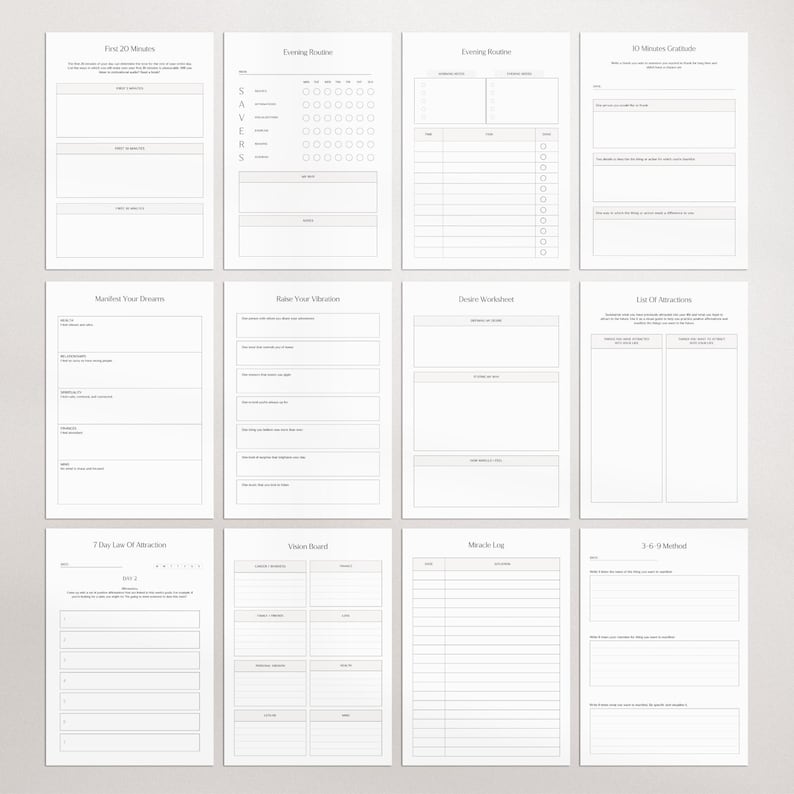 Pu&ograve; includere: Una raccolta di dodici pagine di pianificazione stampabili bianche con vari layout per le routine quotidiane, serali e di definizione degli obiettivi. Ogni pagina presenta un design minimalista.