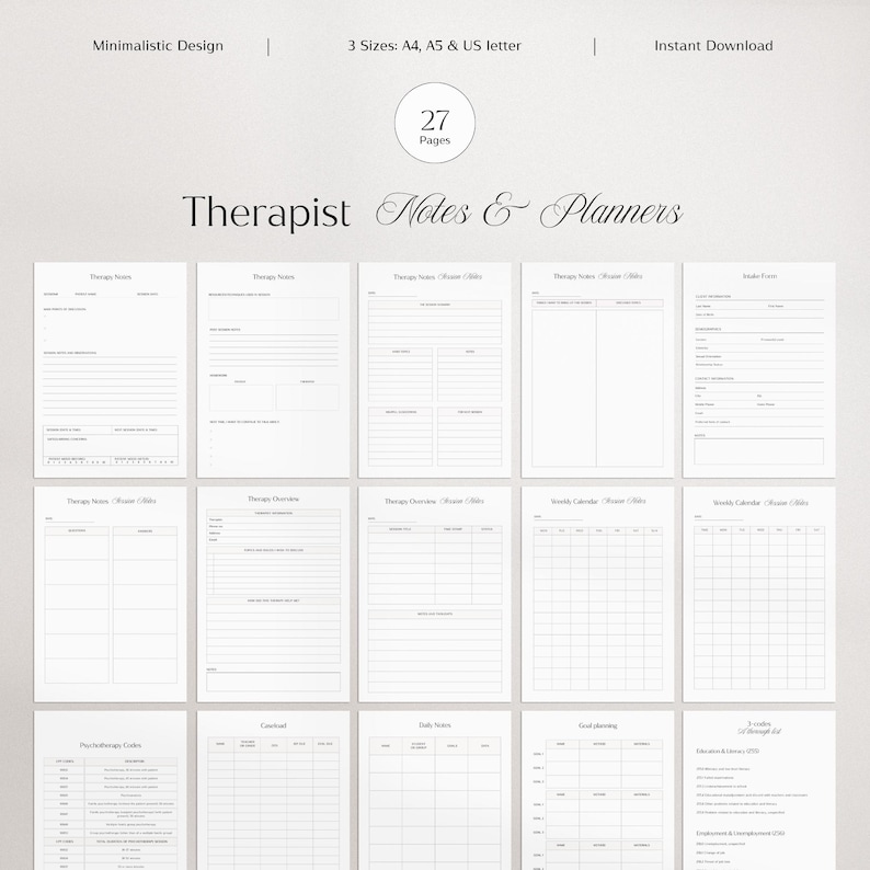 Puede incluir: Un planificador de terapeuta imprimible de 27 p&aacute;ginas. El planificador incluye secciones para notas de terapia, archivos de clientes, notas diarias y planificaci&oacute;n de objetivos. El planificador est&aacute; dise&ntilde;ado en un estilo minimalista con un esquema de color blanco y negro.