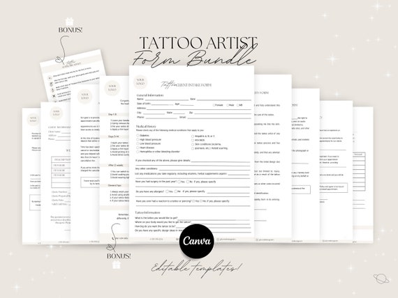 Tattoo Artist forms bundle - Editable!, Tattoo Consent Form, Tattoo Intake Form, Tattoo Artist Business Forms, Tattoo Consent Document.
