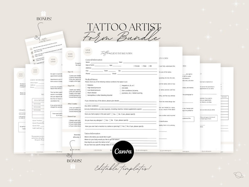 May include: A set of printable tattoo artist intake forms in a bundle. The forms are editable and include a client intake form, a consent form, and a release form. The forms are designed to be used by tattoo artists to gather information from their clients before they get a tattoo.