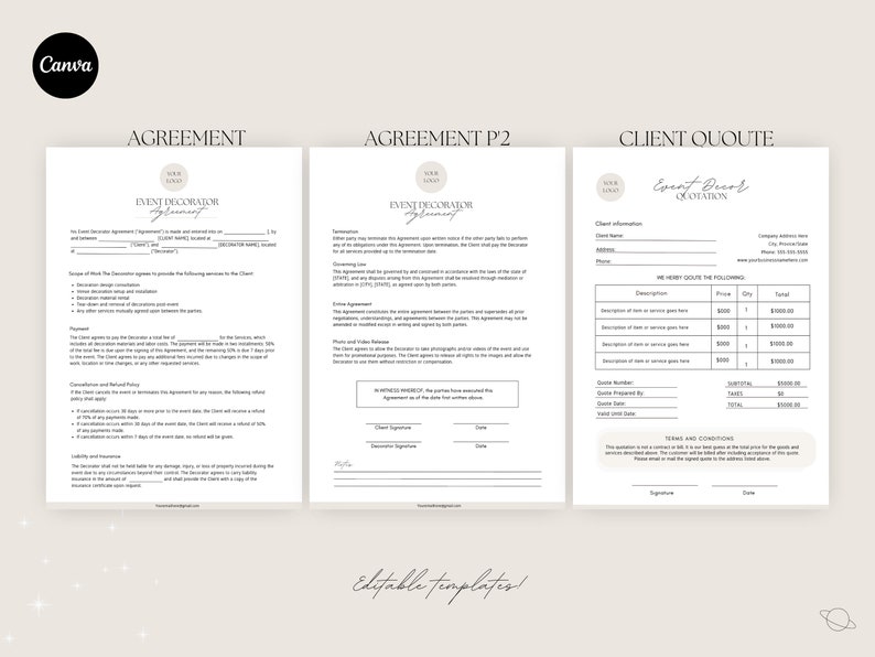 May include: Three printable documents for an event decorator business. The first document is an agreement, the second is an agreement part two, and the third is a client quote. The documents are in a minimalist style with a beige background and black text.