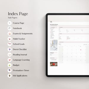 Op de afbeelding: Een digitale planner op een tablet, met een indexpagina met subpagina's zoals Course Page, Notebook en Job Applications. Het scherm toont een kalender en andere organisatietools. De tekst "Index Page" is zichtbaar.