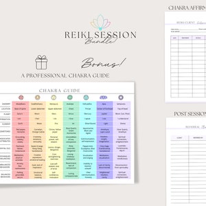Peut inclure: Un tableau color&eacute; avec un guide des chakras, comprenant l'emplacement, la plan&egrave;te, l'affirmation, les pierres pr&eacute;cieuses, les attributs associ&eacute;s, les huiles essentielles, les techniques d'&eacute;quilibrage, les comportements &eacute;quilibr&eacute;s et les &eacute;motions &eacute;quilibr&eacute;es. Le tableau est intitul&eacute; "Guide des chakras".