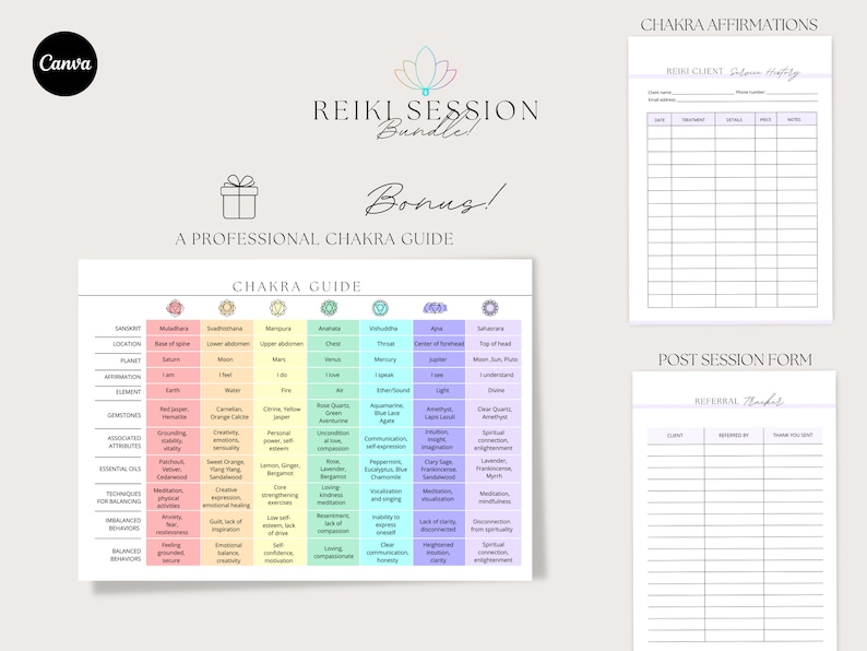 Peut inclure: Un tableau color&eacute; avec un guide des chakras, comprenant l'emplacement, la plan&egrave;te, l'affirmation, les pierres pr&eacute;cieuses, les attributs associ&eacute;s, les huiles essentielles, les techniques d'&eacute;quilibrage, les comportements &eacute;quilibr&eacute;s et les &eacute;motions &eacute;quilibr&eacute;es. Le tableau est intitul&eacute; "Guide des chakras".