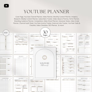 May include: A white and beige printable YouTube planner with 30 pages. The planner includes sections for channel planning, video ideas, monthly content, research, branding, competitors, video checklists, and more.