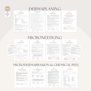 May include: A collection of printable aesthetician forms for dermaplaning, microneedling, and microdermabrasion & chemical peel treatments. The forms are in a minimalist design with a neutral color palette. The text "DERMAPLANING", "MICRONEEDLING", and "MICRODERMABRASION & CHEMICAL PEEL" are displayed.