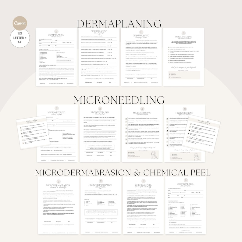 May include: A collection of printable aesthetician forms for dermaplaning, microneedling, and microdermabrasion & chemical peel treatments. The forms are in a minimalist design with a neutral color palette. The text "DERMAPLANING", "MICRONEEDLING", and "MICRODERMABRASION & CHEMICAL PEEL" are displayed.